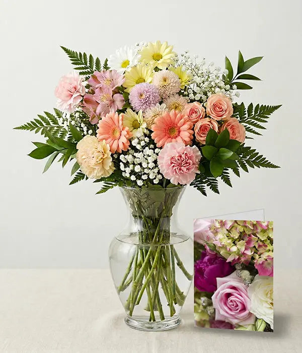 Pastel Colours Designer’s Choice with Vase & Card Send Blooms