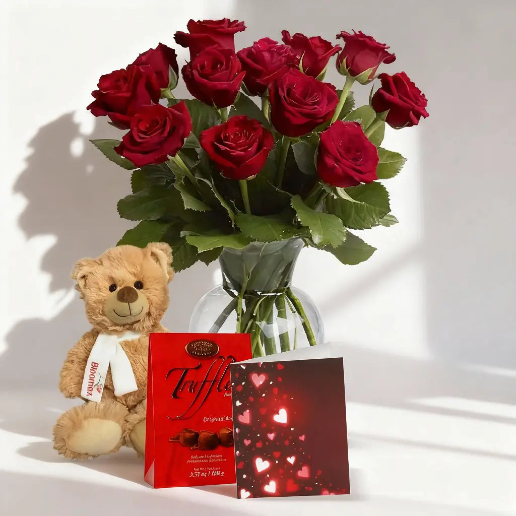 Premium Long Stem Red Roses Bouquet - One Dozen with Gift Combo Send Blooms