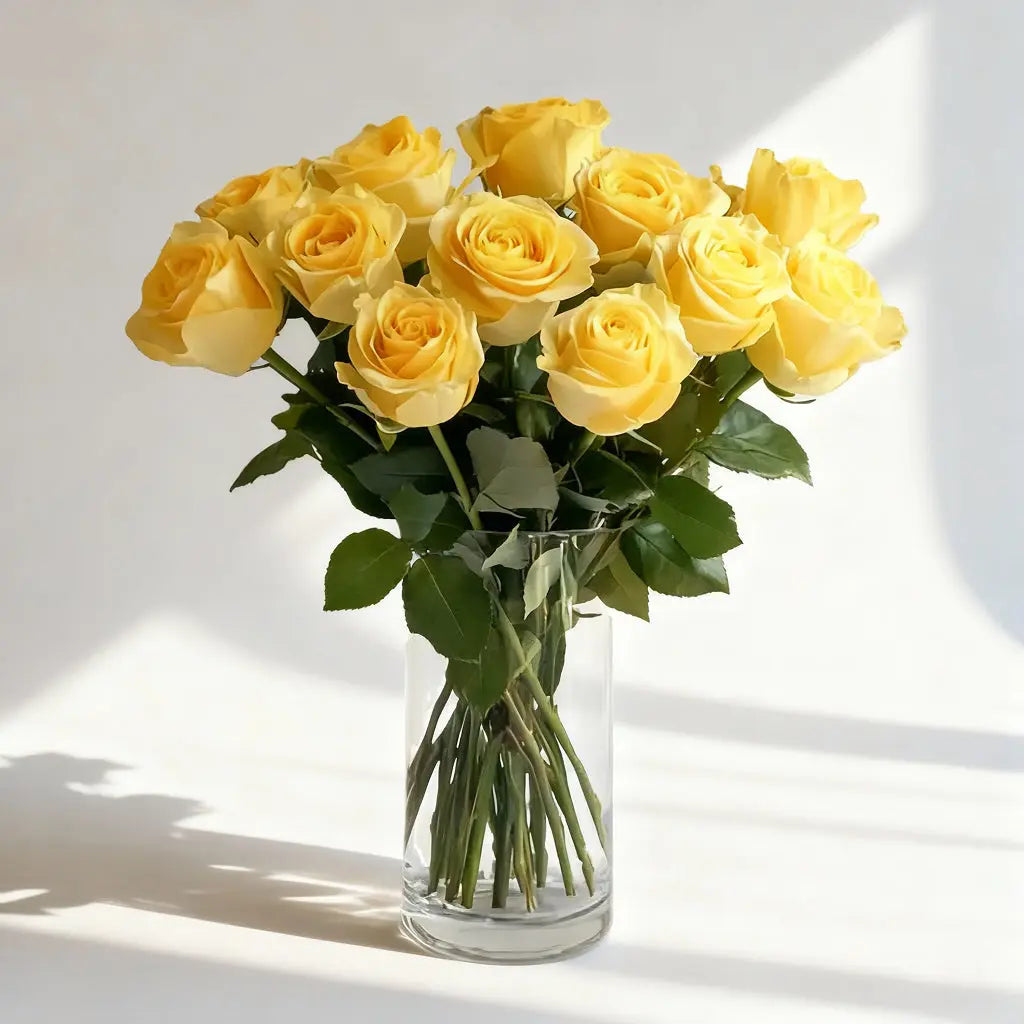 Premium Long Stem Yellow Roses Bouquet - One Dozen Send Blooms