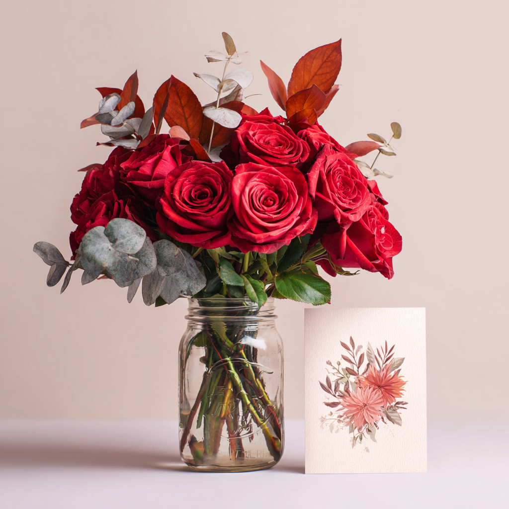 Sweetheart Roses in Rustic Mason Jar | With Full Size Card