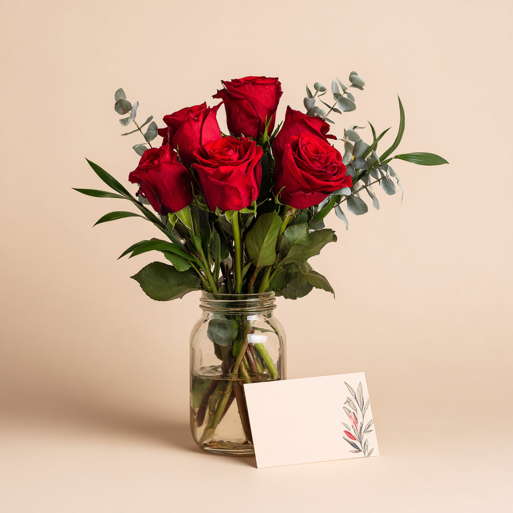 Sweetheart Roses in Rustic Mason Jar | With Full Size Card