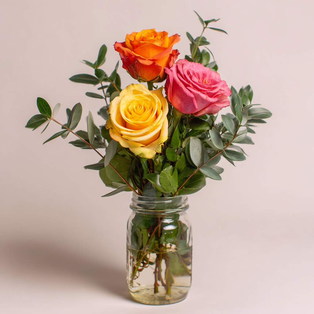 Trio of Roses in Mason Jar
