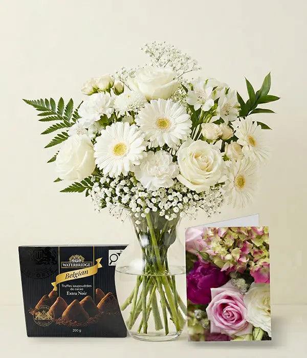 White Bouquet Designer’s Choice with Vase, Card & Truffles Send Blooms