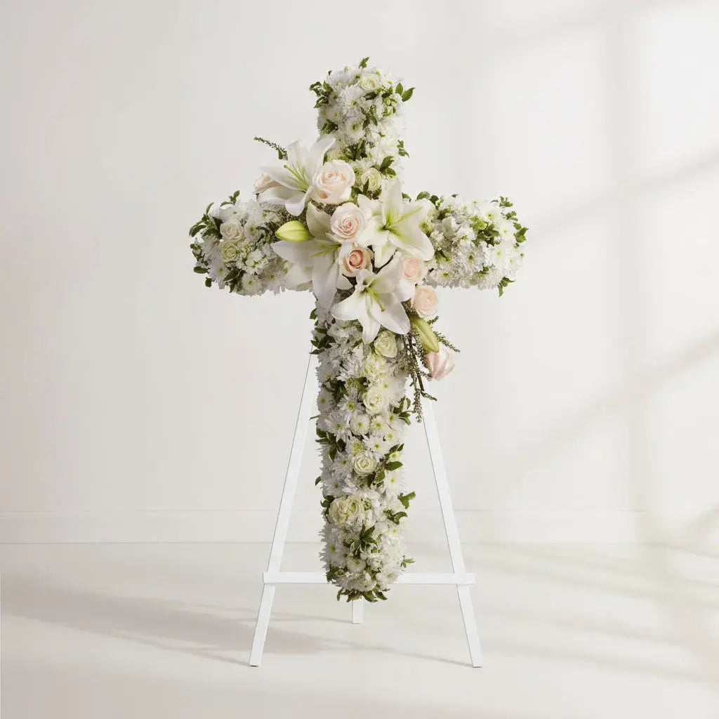 White Floral Cross Arrangement Send Blooms