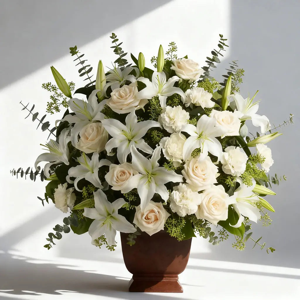 White Rose & Lily Urn Arrangement Send Blooms