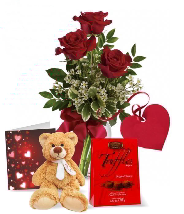 Luxury Rose, Teddy Bear & Chocolate Truffles Gift Set